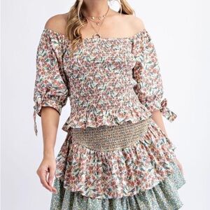 EASEL Floral Off-Shoulder Smocked Top and Skirt Set Boho - NWT